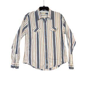 Bke67 Striped Long Sleeve "pearl" snap Shirt L Beige Blue Red Cotton